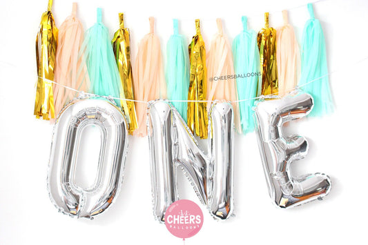 16" letter balloons "ONE" + 12pcs DIY tassel kit - one year birthday decor